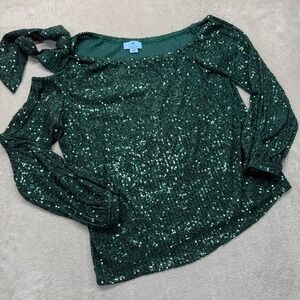 CeCe Shirt Women's Large Emerald Green Sequin Cold Shoulder Bow Top Long Sleeve